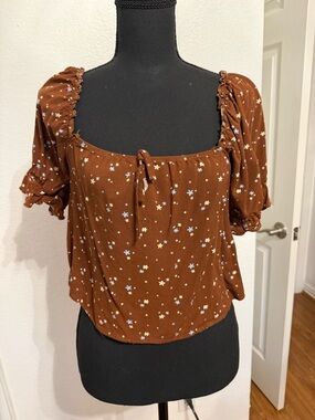 La Hearts Rust Brown Floral Square-Neck Puff Sleeve Crop Top